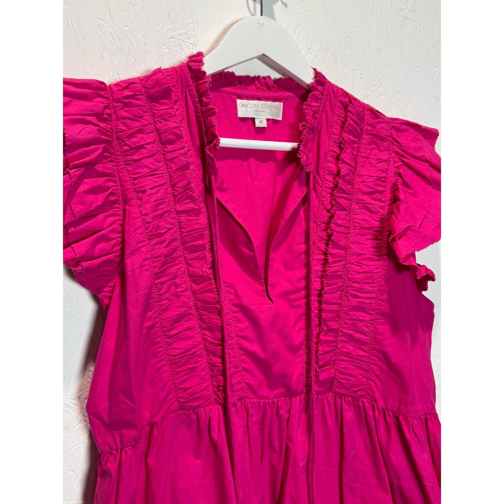 Caroline Constas Ruffle Sleeve V-Neck Tiered Mini Dress Pink Cotton Size M - Picture 3 of 4